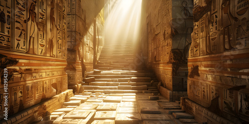 Passage with stairs and walls with Egyptian hieroglyphics by warm bright sun rays background - Ai Generated