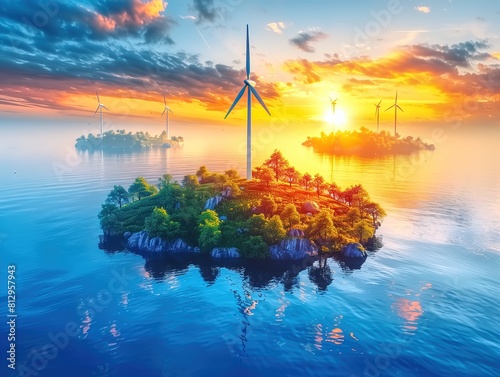 view of wind turbines on the ocean during a vibrant sunset. The turbines stand tall against the colorful sky, with one positioned on a lush, green island.