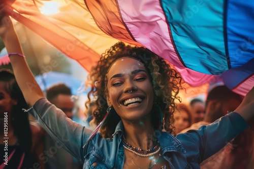 young woman with curly hair smiles and holds a rainbow flag at a pride parade.