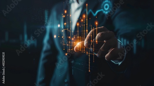 A businessman in a tailored suit touching a neon virtual chart with a glowing graph, symbolizing success and financial progress