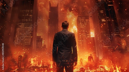A businessman in a tailored suit standing at the entrance to a fiery corporate underworld, with burning skyscrapers and demonic figures in the background