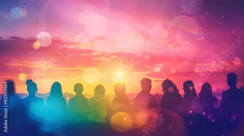 People of various shapes and sizes stand in a row against a setting sun.
