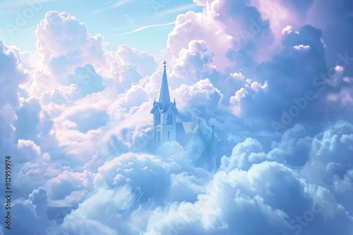 Surreal image depicting a church spire soaring above the fluffy, pinktinged clouds in a dreamy sky