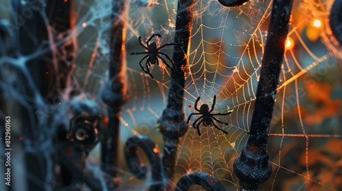 A close-up of a spooky cobweb draped across a rusty iron gate, adorned with dangling plastic spiders and a single, glowing plastic eyeball