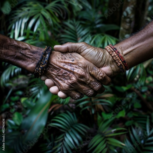 A close-up photo of two hands with weathered skin, adorned with traditional bracelets, shaking firmly against a backdrop of lush rainforest foliage