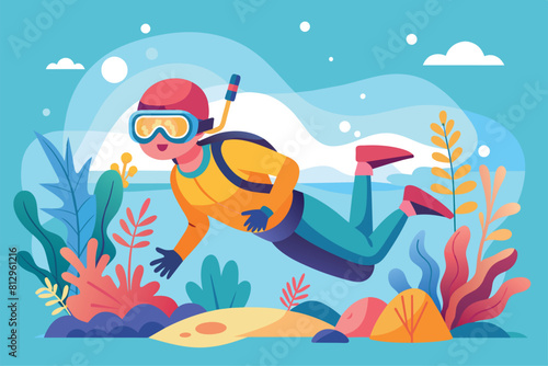 A person wearing a scuba mask diving in the water, Snorkeling Customizable Semi Flat Illustration