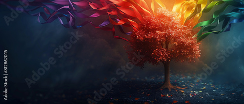 A beautiful tree with rainbow leaves, colorful ribbons blowing in the wind against a dark background, pride month theme wallpaper or banner