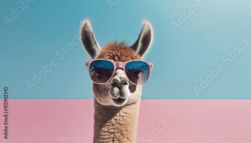 llama in sunglass shade glasses isolated on solid pastel background