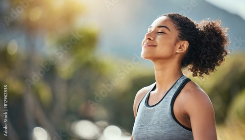 Fitness, woman and yoga breathing in relax for spiritual wellness, mental wellbeing