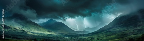 A dramatic landscape photo with storm clouds brewing over a lush green mountain range, with bolts of lightning illuminating the peaks