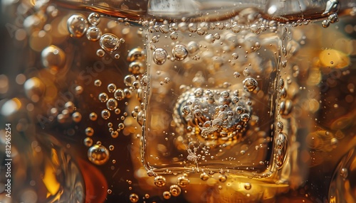 A hyper-realistic close-up of a single ice cube in a beer glass, with tiny air bubbles trapped within and condensation forming on its surface