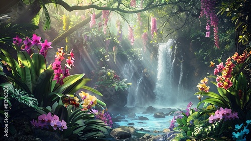 Rainbow orchids in a forest with a waterfall