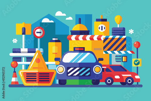 A blue background featuring a car surrounded by traffic cones in a customizable flat illustration, Traffic fine Customizable Flat Illustration