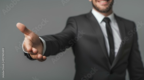 A businessman with a friendly smile reaches out with his arm in a welcoming gesture against a gray backdrop, his body language conveying approachability and receptiveness.