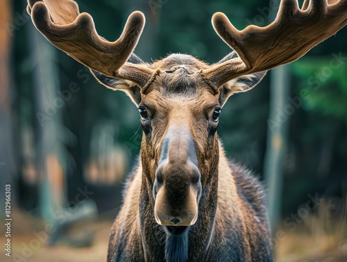 moose with antlers looking at camera, majestic Alaskan herbivore 