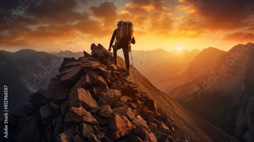 Man climbing a mountain at sunset time
