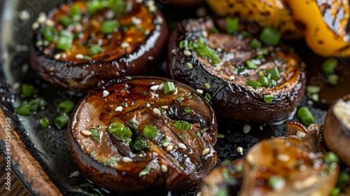 Grilled mushrooms next to fried eggplant.