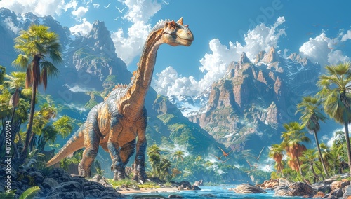 concept art of an enormous long necked dinosaur in the foreground, large mountainous area with palm trees and other dinosaurs far away in the background
