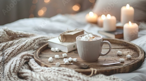 A close-up shot of a rustic wooden tray placed on a bed, adorned with a cup of hot cocoa topped with marshmallows, a stack of books, a plush blanket, and a cluster of lit candles, creating a snug.