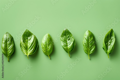 Basil leaves arranged in a neat row on a gradient green background, minimalist and colorful 
