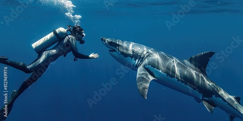 A woman scuba diver underwater in the ocean with a great white shark
