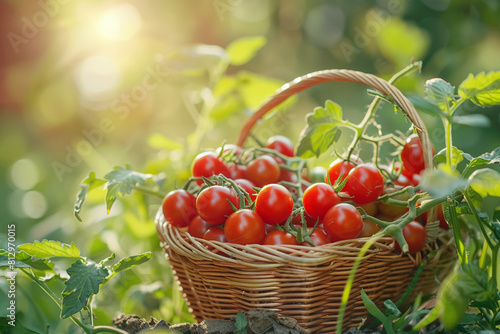 Basket of freshly picked cherry tomatoes in a sunny garden setting, natural light enhancing colors 
