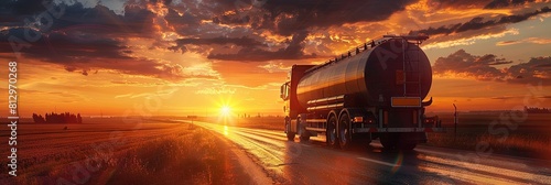 A sunset lit countryside road with a moving large fuel tanker truck