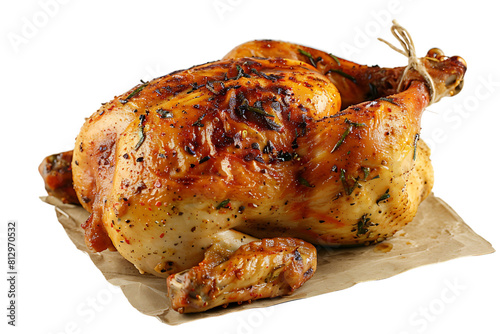 Whole grilled chicken on isolated transparent background