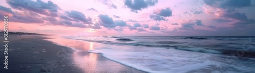 A photo of a serene beach at sunset, with gentle waves lapping at the shore and colorful clouds streaking across the twilight sky