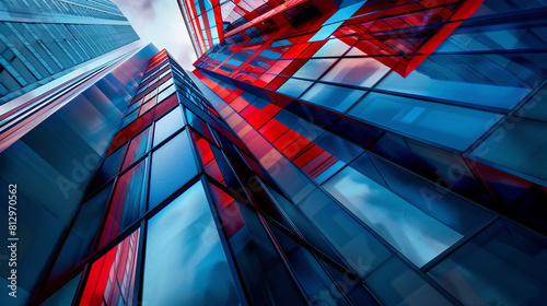 Impressive upward perspective of modern skyscrapers made of reflective glass with blue and red mirror cladding