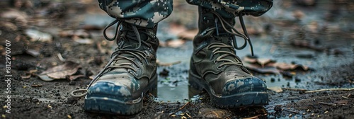 Boot camp and basic training military concept with military boots standing at attention in formation