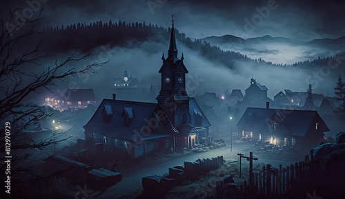 View over mysterious haunted village with a church. Old ghost town in hazy moonlight. Traditional rural settlement.