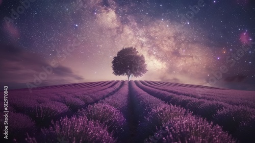 complete arch of the milky way with the galactic center at night in a lavender from france field cultivated in Brihuega, Spain, with an oak tree in the center and the problem of light pollution