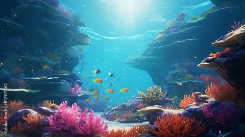 A captivating underwater world filled with vibrant marine life, where animated fish of all shapes and sizes swim gracefully amidst coral reefs.