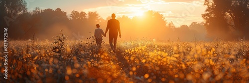a father and son walking at sunrise in the field