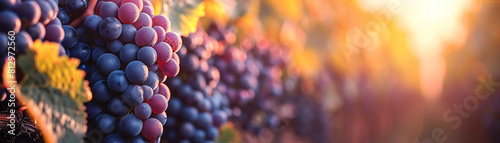 A close-up of a bunch of ripe grapes on the vine, with the sun setting in the background