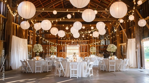 White Chinese paper lanterns hung in a barn as diy wedding reception decor.