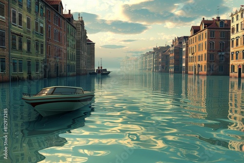 Tranquil scene of a boat floating on a venetian canal bathed in the warm glow of the sunset