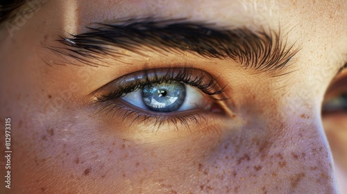 Extreme close-up of a blue eye with detailed iris and freckles, showcasing human beauty and uniqueness. Concept of beauty, human, and detail. 