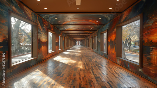 Create a realistic image of a long, narrow hallway with wood plank flooring and large windows on both sides