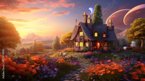 A quaint countryside cottage surrounded by animated fields of flowers and rolling hills, with smoke curling from the chimney and a warm glow emanating from within.