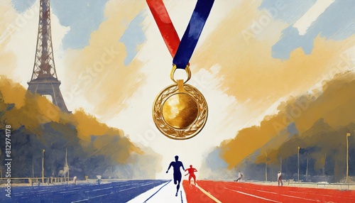 running at olympic games, paris in backgound, olympic medal 