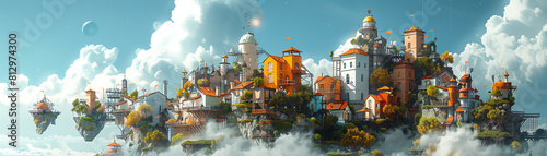 A beautiful digital painting of a whimsical floating city with bright colors and a sense of wonder
