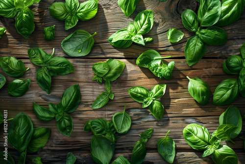 Overhead view of a rustic wooden table strewn with scattered basil leaves, natural soft lighting 