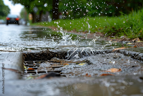 Overwhelmed storm drain spewing water onto a sidewalk, illustrating the power of torrential rain 