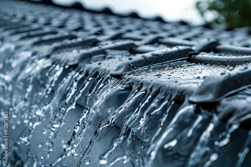 Rainwater cascading off a roof, close-up on the flowing water, emphasizing the intensity of the downpour 