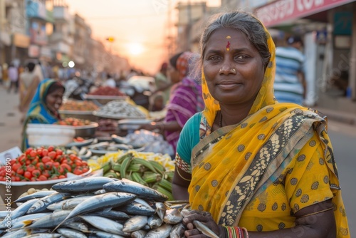 Fishermen's market at dawn, Woman in traditional attire selling fish at bustling market street at sunset. Warm hues and bustling backdrop set vibrant scene of local commerce and culture.