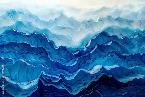 Stylized blueberry waves, abstract fluid art with gradients of blue creating a calm, oceanic feel 