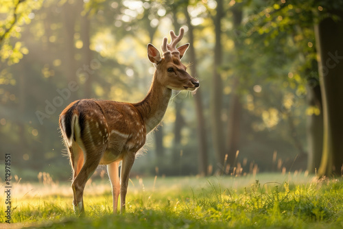 A deer in a forest clearing looking stressed 