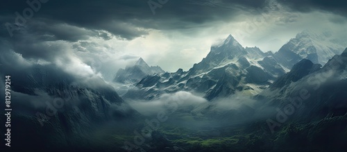 Dramatic skies and high peaks create a vast mountain scene with an incredible copy space image